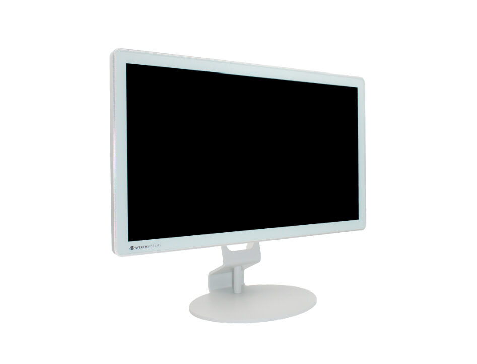 White flat-screen monitor on a white stand with a black screen, angled to the left
