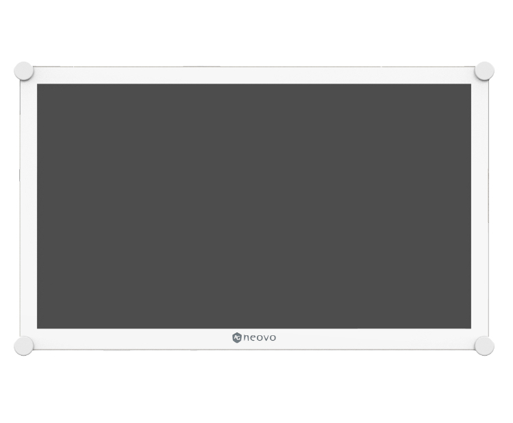 Wide computer monitor with a dark inactive screen and a white bezel, Neovo logo at the bottom center.